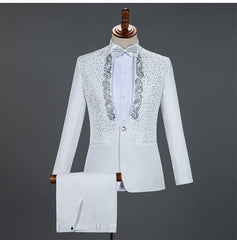 White Wedding Groom Suits Pants Men Slim Fit One Button Sequin Embroidery Tuxedo Suit Men Peak Lapel Stage Costume Traje Hombre