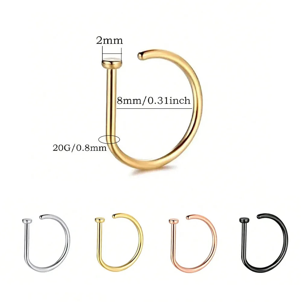 3Pcs 20G Stainless Steel D Shape Thin Nose Ring Screw Hoop Curved Barbells Fake Lip Piercing, Hypoallergenic Nose Septum Clip
