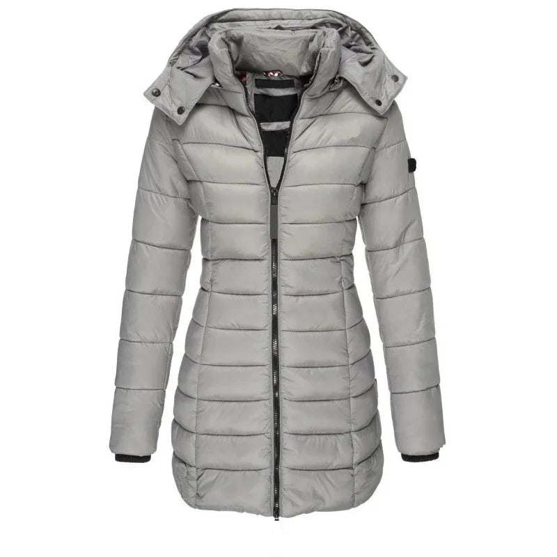 2024 Winter Women Zipper Thick Warm Parkas Solid Color Casual Hooded Long Sleeved Jacket Female Mid-length Slim-fitting Coat Top