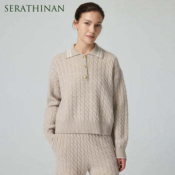 BD4521336 Premium Women's Polo Sweater 100% Wool Knit Textured Cable Stitch Ribbed Hem Pullover Fashion Category
