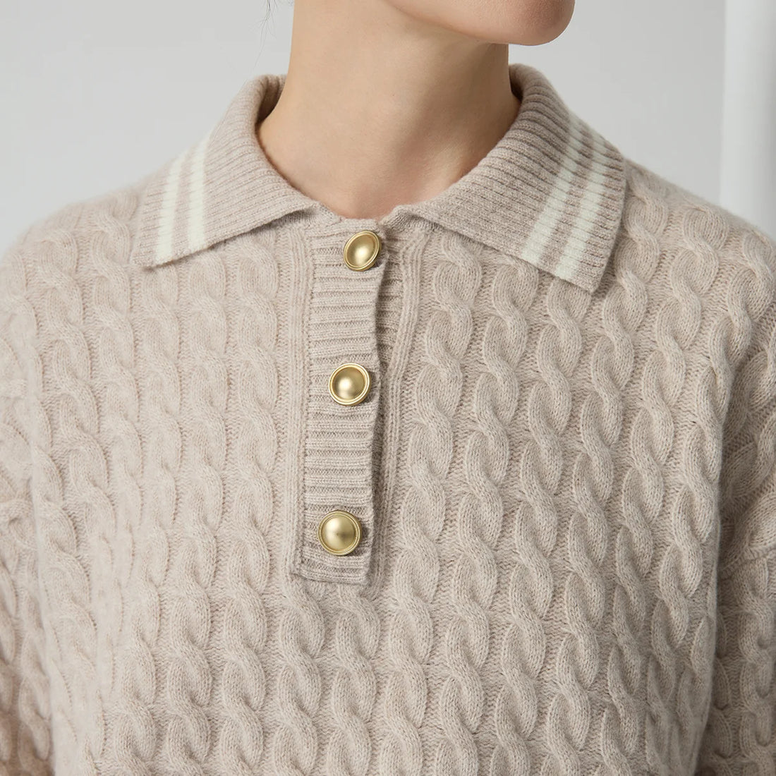 BD4521336 Premium Women's Polo Sweater 100% Wool Knit Textured Cable Stitch Ribbed Hem Pullover Fashion Category