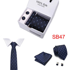 2023 100% Silk Jacquard Necktie White Geometric Tie Hanky Cufflink Set Ties For Men Gravatas Business Wedding Party Wholesale