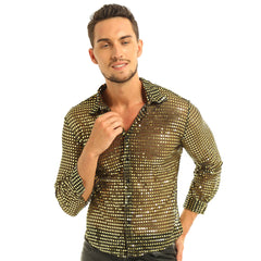 Mens Tuxedo Shirts Shiny Sequins See Through Mesh Long Sleeve Clubwear for Night Party Show Dancing Performance Top Shirt