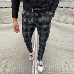 Summer Men's Casual Pants Plaid Social Stretch Trousers Mid Waist Skinny Business Office Working Party Male Suit Pants Autumn