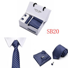 2023 100% Silk Jacquard Necktie White Geometric Tie Hanky Cufflink Set Ties For Men Gravatas Business Wedding Party Wholesale