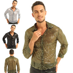 Mens Tuxedo Shirts Shiny Sequins See Through Mesh Long Sleeve Clubwear for Night Party Show Dancing Performance Top Shirt