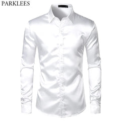 White Silk Satin Tuxedo Shirt Men 2023 Brand Long Sleeve Fitted Mens Dress Shirts Wedding Party Dance Male Casual Shirt Chemise