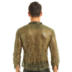 Mens Tuxedo Shirts Shiny Sequins See Through Mesh Long Sleeve Clubwear for Night Party Show Dancing Performance Top Shirt