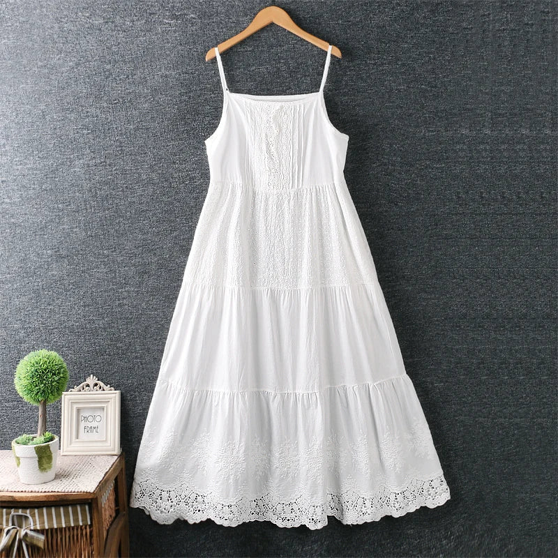 Cotton Loose Dress Women Artistic Hipster Water Soluble Lace Embroidered Strap Dress