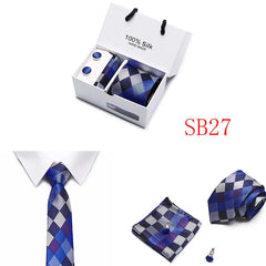 2023 100% Silk Jacquard Necktie White Geometric Tie Hanky Cufflink Set Ties For Men Gravatas Business Wedding Party Wholesale