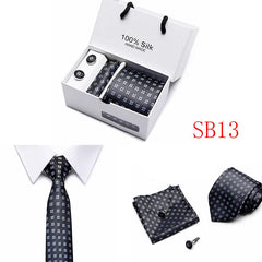 2023 100% Silk Jacquard Necktie White Geometric Tie Hanky Cufflink Set Ties For Men Gravatas Business Wedding Party Wholesale