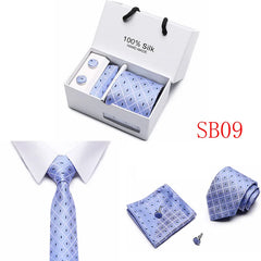 2023 100% Silk Jacquard Necktie White Geometric Tie Hanky Cufflink Set Ties For Men Gravatas Business Wedding Party Wholesale