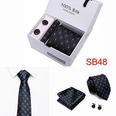 2023 100% Silk Jacquard Necktie White Geometric Tie Hanky Cufflink Set Ties For Men Gravatas Business Wedding Party Wholesale