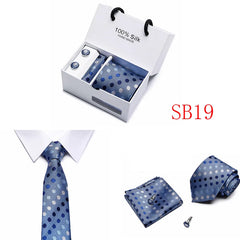 2023 100% Silk Jacquard Necktie White Geometric Tie Hanky Cufflink Set Ties For Men Gravatas Business Wedding Party Wholesale