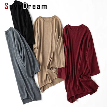 SuyaDream Women Winter Long Sweaters Silk Cashmere Bat Sleeves Loose Pullovers 2021 Fall Winter Casual Sweaters