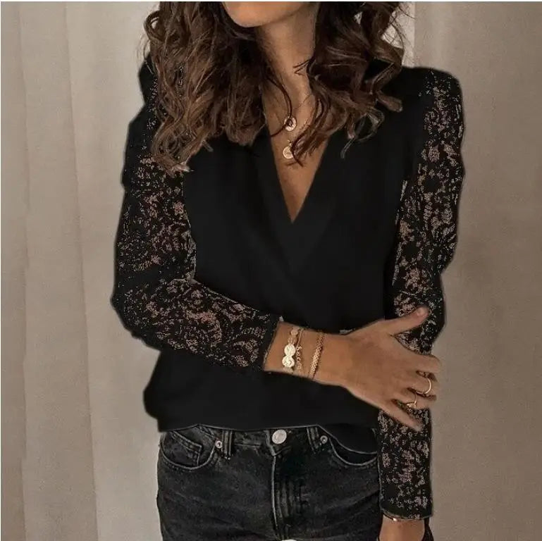 Women Shirt Blouse Spring Summer V-neck Lace Hollow Out Top 5XL Embroidery Long Sleeve Patchwork Shirt Plus Size Feminino