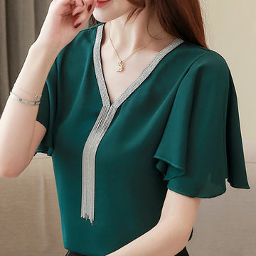 Blusas Blouses Femme Summer Tops Women Blouse Women Blusas Mujer De Moda 2024 Verano Tassel V-Neck Chiffon Blouse Shirt E767