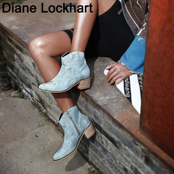 Women Western Ankle Boots Roman Pointed Casual Booties Spring Winter Woman Artificial Leather Short Boot Femal Retro Chaussures