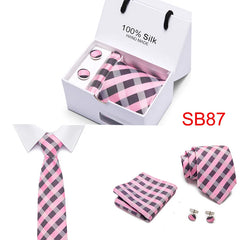 2023 100% Silk Jacquard Necktie White Geometric Tie Hanky Cufflink Set Ties For Men Gravatas Business Wedding Party Wholesale