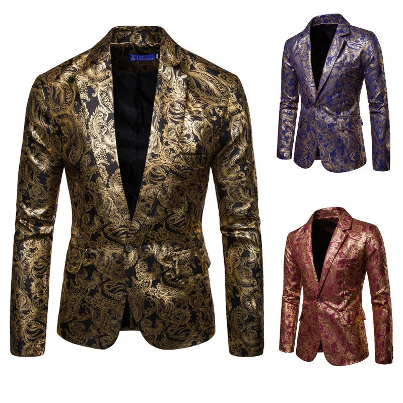 Men's Golden Floral Blazers Business Casual Suit Wedding Dress Gold Blazer Coats Jackets