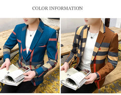 Men's Blazer 2021 Fashion British Style Contrast Plaid Stitching Pattern Striped Slim Casual High-quality Men's Clothing Jacket