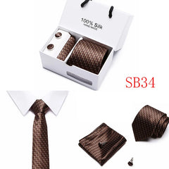 2023 100% Silk Jacquard Necktie White Geometric Tie Hanky Cufflink Set Ties For Men Gravatas Business Wedding Party Wholesale