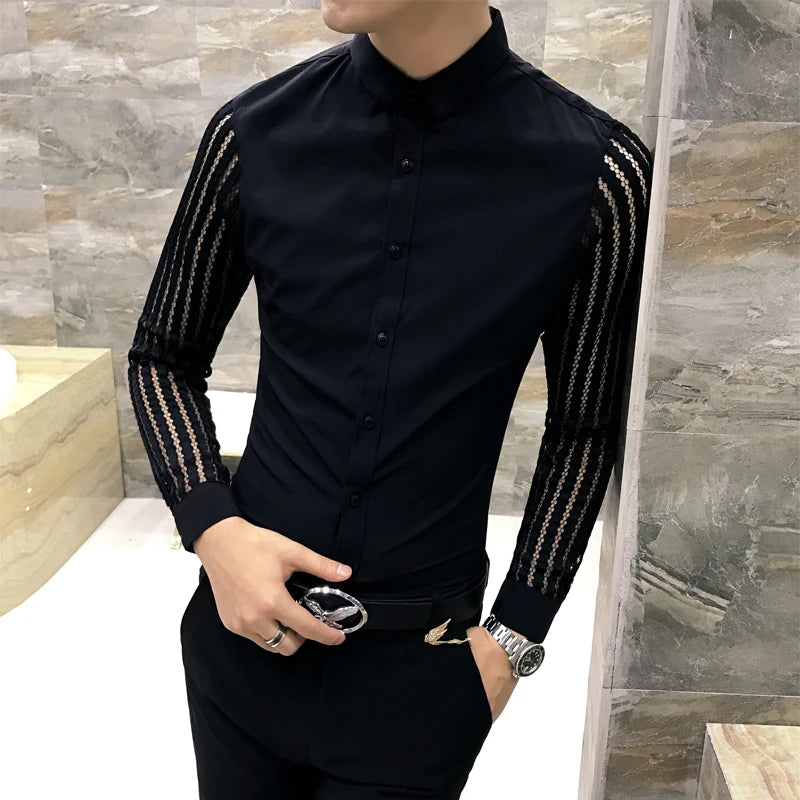 2021 Mens Black White Lace Hollow Patchwork Shirt Long Sleeve Luxury Party Promshirt Men's Petticoat Nightclub Dress Tuxedo