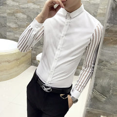 2021 Mens Black White Lace Hollow Patchwork Shirt Long Sleeve Luxury Party Promshirt Men's Petticoat Nightclub Dress Tuxedo