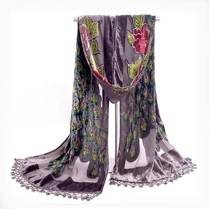 Gray Handmade Beaded Embroidery Shawl Scarf Chinese Style Women Velvet Silk Scarves Peacock Flower Wrap Tassels Bufanda NP058
