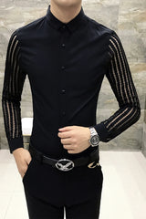 2021 Mens Black White Lace Hollow Patchwork Shirt Long Sleeve Luxury Party Promshirt Men's Petticoat Nightclub Dress Tuxedo