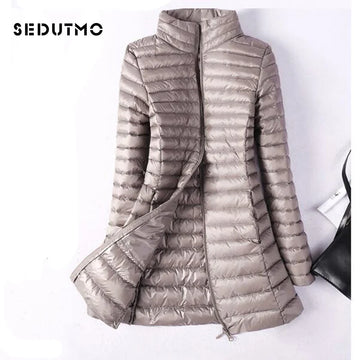 SEDUTMO Winter  Women Down Jackets Ultra Light Duck Down Coat Long Puffer Jacket Slim Black Parkas ED037