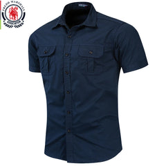 Fredd Marshall New Mens Military Shirt Men Short Sleeve Cargo Shirts 100% Cotton Casual Solid Shirt Male Pocket Work Shirt 55889