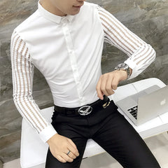 2021 Mens Black White Lace Hollow Patchwork Shirt Long Sleeve Luxury Party Promshirt Men's Petticoat Nightclub Dress Tuxedo