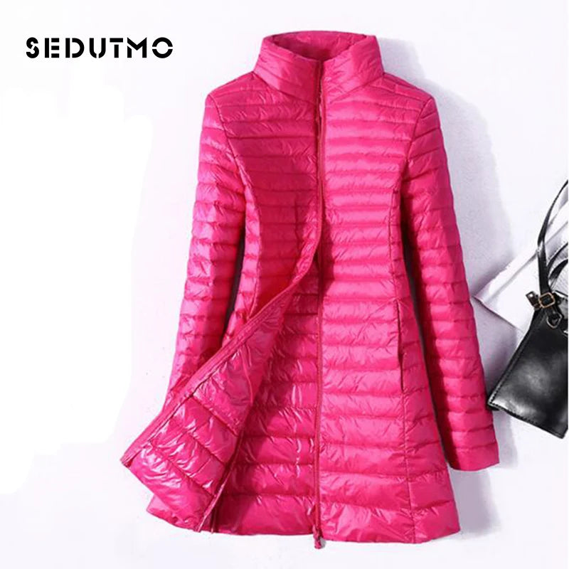 SEDUTMO Winter  Women Down Jackets Ultra Light Duck Down Coat Long Puffer Jacket Slim Black Parkas ED037