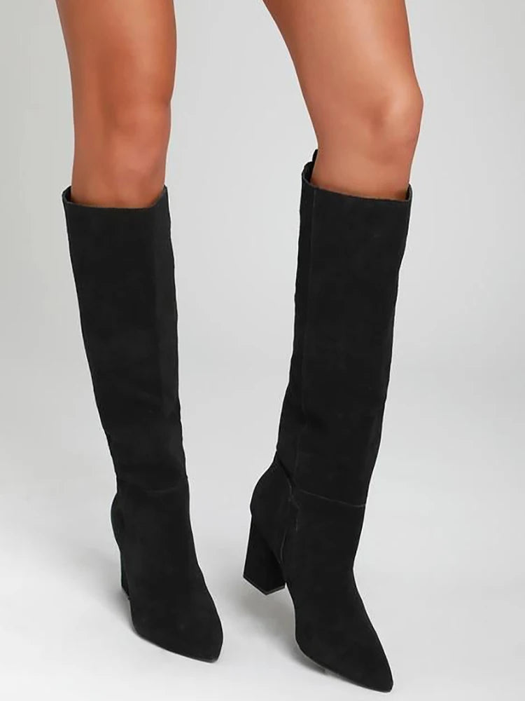 Knee High Suede Boots Chunky Square Heel Pointed Toe Winter Women Long Boots Slip On Runway Party Solid Shoes Slouth Style