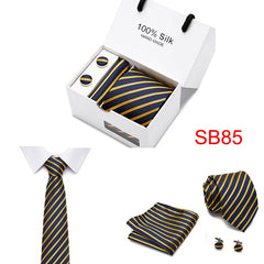 2023 100% Silk Jacquard Necktie White Geometric Tie Hanky Cufflink Set Ties For Men Gravatas Business Wedding Party Wholesale