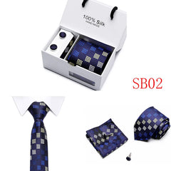 2023 100% Silk Jacquard Necktie White Geometric Tie Hanky Cufflink Set Ties For Men Gravatas Business Wedding Party Wholesale