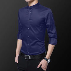 Hipster Design Collarless Shirt for Men Casual 100% Cotton Soft Slim Fit Long Sleeve White Black Navy Tuxedo Shirts 4XL 5XL