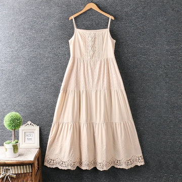Cotton Loose Dress Women Artistic Hipster Water Soluble Lace Embroidered Strap Dress