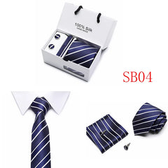 2023 100% Silk Jacquard Necktie White Geometric Tie Hanky Cufflink Set Ties For Men Gravatas Business Wedding Party Wholesale