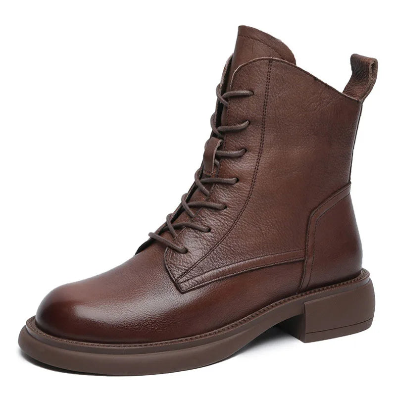 DRKANOL Retro Women Boots Autumn Winter Round Toe Flat Heel Genuine Cow Leather Street Style Ankle Boots For Women Trend Shoes