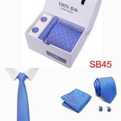 2023 100% Silk Jacquard Necktie White Geometric Tie Hanky Cufflink Set Ties For Men Gravatas Business Wedding Party Wholesale