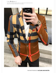 Men's Blazer 2021 Fashion British Style Contrast Plaid Stitching Pattern Striped Slim Casual High-quality Men's Clothing Jacket