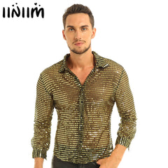 Mens Tuxedo Shirts Shiny Sequins See Through Mesh Long Sleeve Clubwear for Night Party Show Dancing Performance Top Shirt