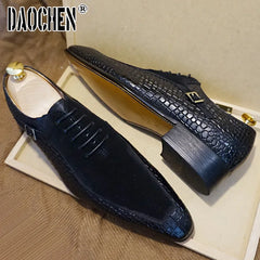 Luxury Men Oxford Shoes Lace up Split Toe Coffee Black Formal Men Dress Shoes Suede Patchwork Crocodile prints Leather Shoes Men