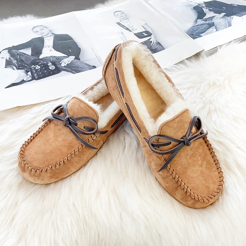High Quality 100% Natural Fur Genuine Leather Women Flat Shoes New Fashion Women Moccasins Casual Loafers Plus Size Winter shoes