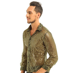 Mens Tuxedo Shirts Shiny Sequins See Through Mesh Long Sleeve Clubwear for Night Party Show Dancing Performance Top Shirt