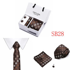 2023 100% Silk Jacquard Necktie White Geometric Tie Hanky Cufflink Set Ties For Men Gravatas Business Wedding Party Wholesale