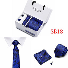 2023 100% Silk Jacquard Necktie White Geometric Tie Hanky Cufflink Set Ties For Men Gravatas Business Wedding Party Wholesale