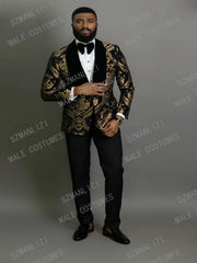 New Elegant 2024 Costume Homme Shawl Lapel Black Jacquard Dinner Party Groom Wear Men Wedding Suits For Men Prom Tuxedo Blazer